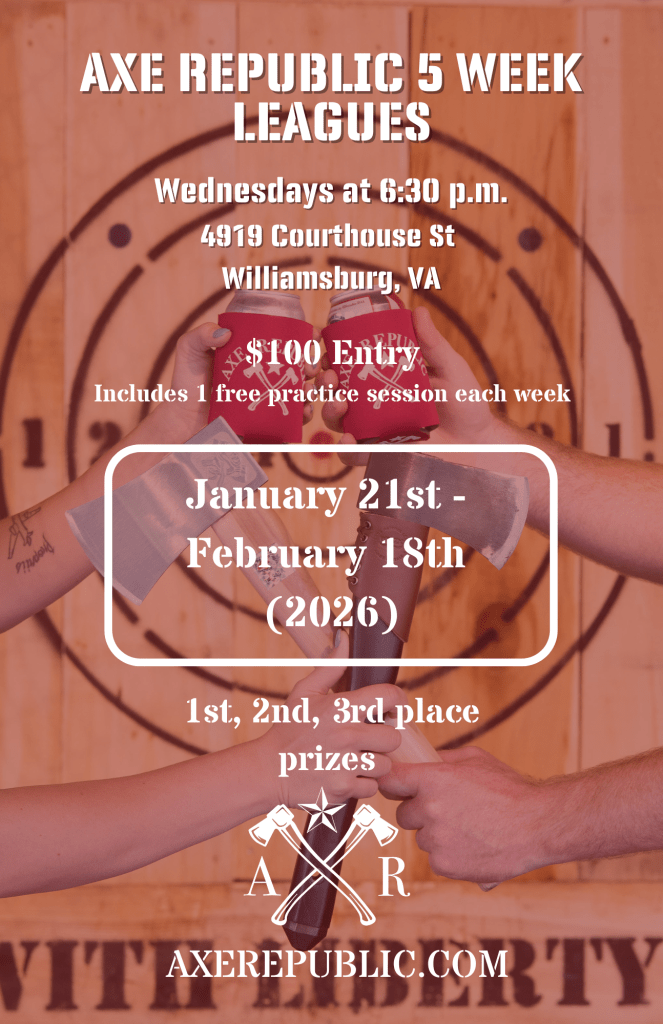 Axe throwing event flyer with dates, location, and entry details.