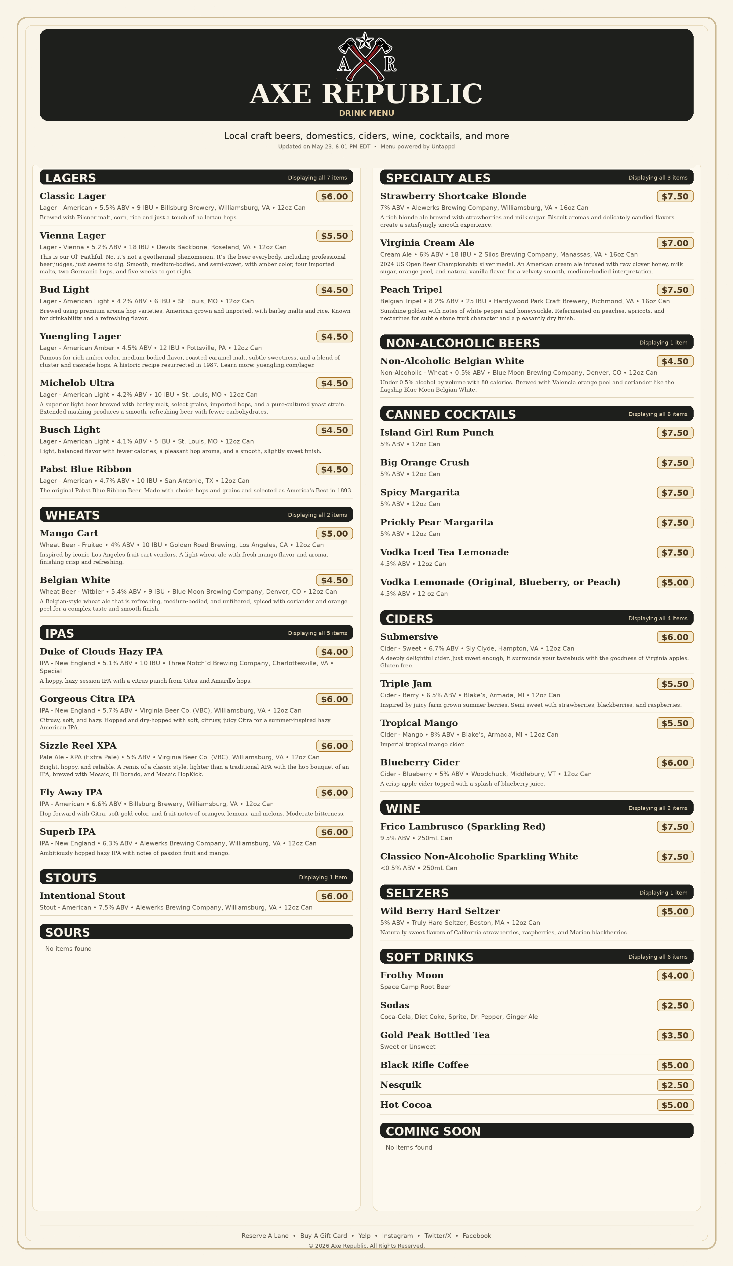 Menu from Axe Republic listing various drinks and prices.