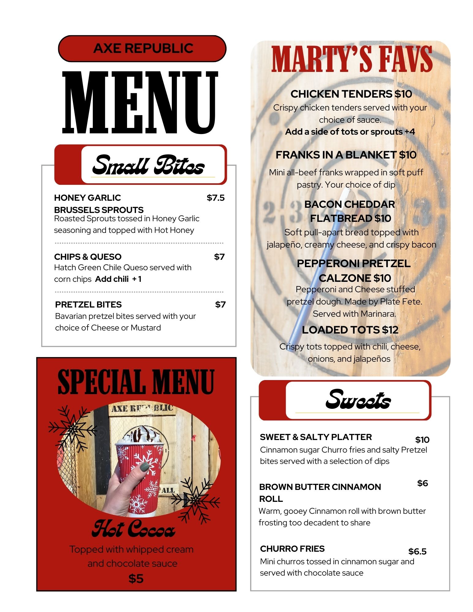Restaurant menu page with sections for Small Bites, Special Menu, Marty's Favs, and Sweets.