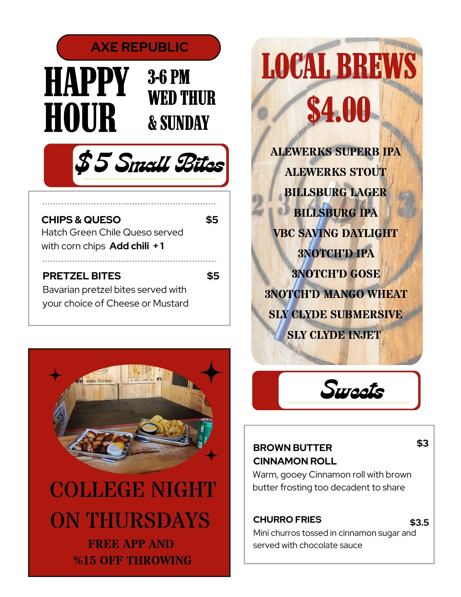 Happy Hour menu with small bites, local brews, and dessert options.