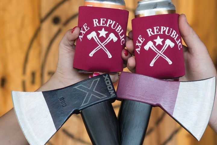 Hands holding axes and cans with 'Axe Republic' covers.