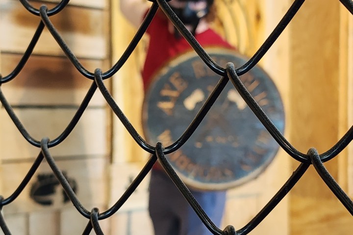Person in a cage holding an axe with wooden walls in the background.